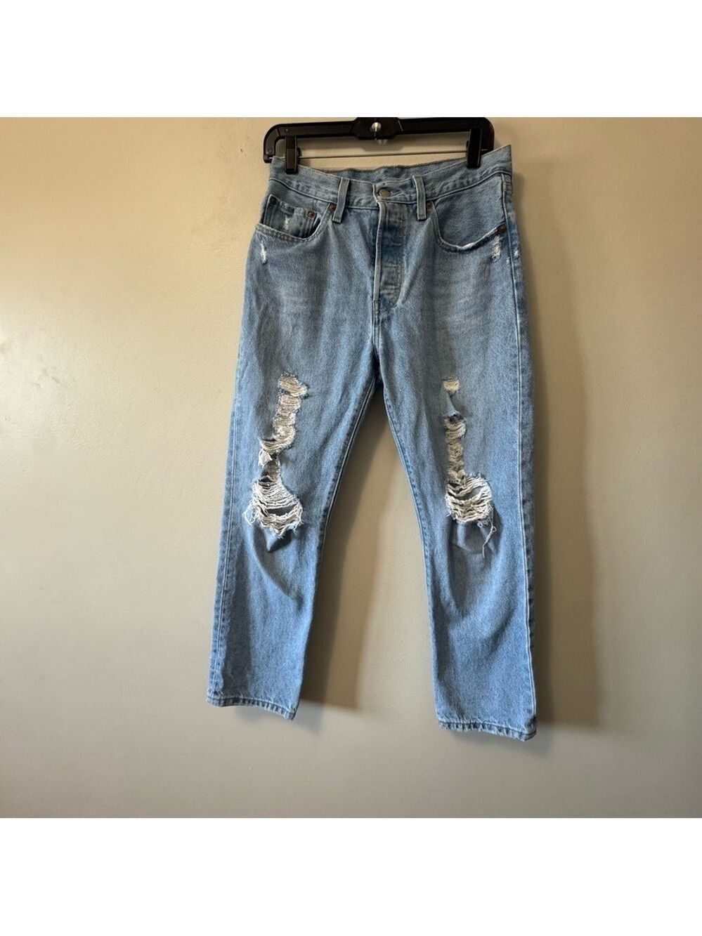 Levi's Premium 501 Cropped ButtonFly Light Blue Distressed Ankle Jeans Sz 27